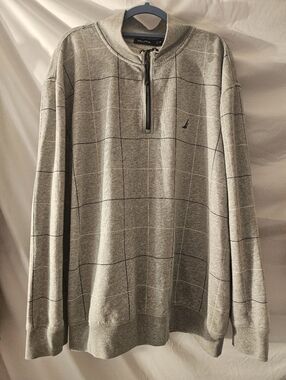 men's Nautica‎ 1/4 zip pullover sweatshirt 3xl gray blue white plaid cotton/poly